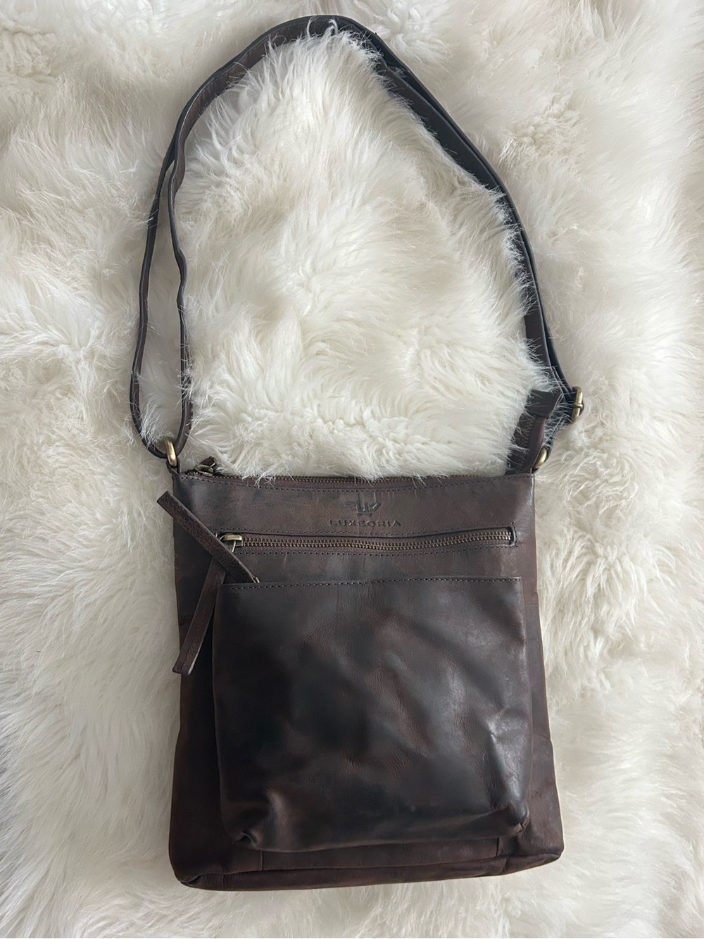 Luxeoria brown leather crossbody bag with multiple zippered compartments